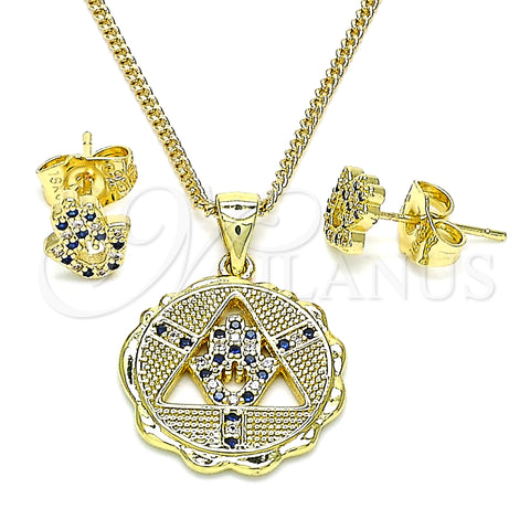 Oro Laminado Earring and Pendant Adult Set, Gold Filled Style Hand of God Design, with Sapphire Blue and White Micro Pave, Polished, Golden Finish, 10.156.0396.2