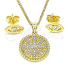 Oro Laminado Earring and Pendant Adult Set, Gold Filled Style Evil Eye Design, with White Micro Pave, Polished, Golden Finish, 10.156.0397