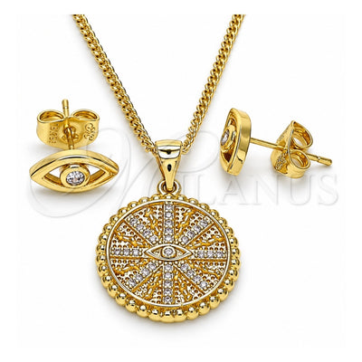 Oro Laminado Earring and Pendant Adult Set, Gold Filled Style Evil Eye Design, with White Micro Pave, Polished, Golden Finish, 10.156.0397