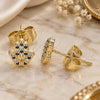 Oro Laminado Stud Earring, Gold Filled Style Hand of God and Judaica Design, with Sapphire Blue and White Micro Pave, Polished, Golden Finish, 02.156.0604.2