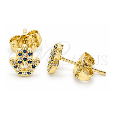 Oro Laminado Stud Earring, Gold Filled Style Hand of God and Judaica Design, with Sapphire Blue and White Micro Pave, Polished, Golden Finish, 02.156.0604.2