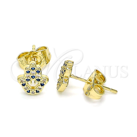 Oro Laminado Stud Earring, Gold Filled Style Hand of God Design, with Sapphire Blue and White Micro Pave, Polished, Golden Finish, 02.156.0604.2