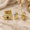 Oro Laminado Stud Earring, Gold Filled Style Evil Eye Design, with Sapphire Blue Cubic Zirconia, Polished, Golden Finish, 02.156.0605