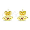 Oro Laminado Stud Earring, Gold Filled Style Evil Eye Design, with Garnet Cubic Zirconia, Polished, Golden Finish, 02.156.0605.1