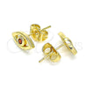 Oro Laminado Stud Earring, Gold Filled Style Evil Eye Design, with Garnet Cubic Zirconia, Polished, Golden Finish, 02.156.0605.1