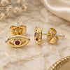 Oro Laminado Stud Earring, Gold Filled Style Evil Eye Design, with Garnet Cubic Zirconia, Polished, Golden Finish, 02.156.0605.1
