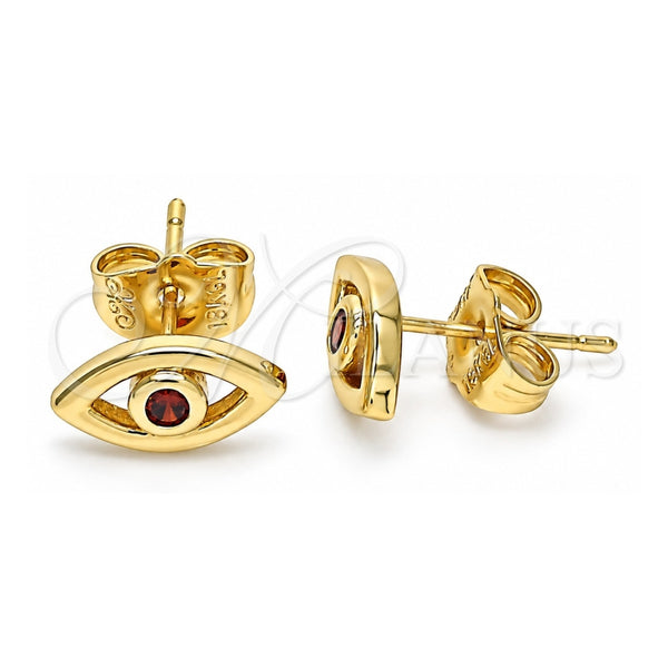 Oro Laminado Stud Earring, Gold Filled Style Evil Eye Design, with Garnet Cubic Zirconia, Polished, Golden Finish, 02.156.0605.1