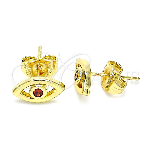 Oro Laminado Stud Earring, Gold Filled Style Evil Eye Design, with Garnet Cubic Zirconia, Polished, Golden Finish, 02.156.0605.1