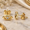 Oro Laminado Stud Earring, Gold Filled Style Evil Eye Design, with White Cubic Zirconia, Polished, Golden Finish, 02.156.0605.2