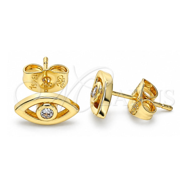 Oro Laminado Stud Earring, Gold Filled Style Evil Eye Design, with White Cubic Zirconia, Polished, Golden Finish, 02.156.0605.2