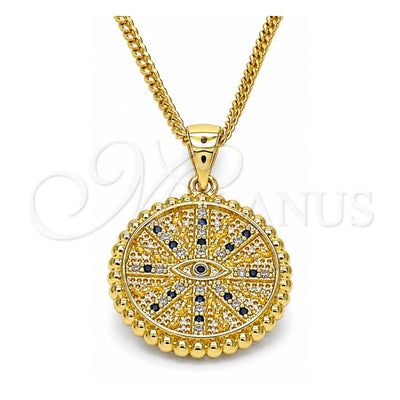 Oro Laminado Pendant Necklace, Gold Filled Style Evil Eye Design, with Sapphire Blue and White Micro Pave, Polished, Golden Finish, 04.341.0064.2.20 (02 MM Thickness, 20 Inches Length)