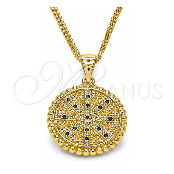 Oro Laminado Pendant Necklace, Gold Filled Style Evil Eye Design, with Sapphire Blue and White Micro Pave, Polished, Golden Finish, 04.341.0064.2.20 (02 MM Thickness, 20 Inches Length)