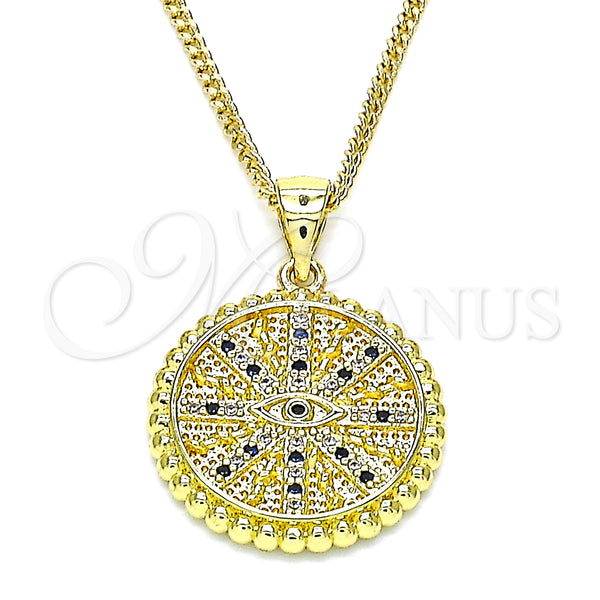 Oro Laminado Pendant Necklace, Gold Filled Style Evil Eye Design, with Sapphire Blue and White Micro Pave, Polished, Golden Finish, 04.341.0064.2.20 (02 MM Thickness, 20 Inches Length)