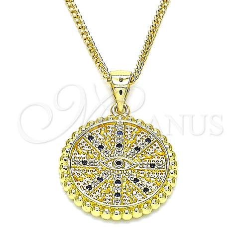 Oro Laminado Pendant Necklace, Gold Filled Style Evil Eye Design, with Sapphire Blue and White Micro Pave, Polished, Golden Finish, 04.341.0064.2.20 (02 MM Thickness, 20 Inches Length)