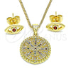 Oro Laminado Earring and Pendant Adult Set, Gold Filled Style Evil Eye Design, with Multicolor Micro Pave, Polished, Golden Finish, 10.156.0397.1