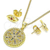 Oro Laminado Earring and Pendant Adult Set, Gold Filled Style Evil Eye Design, with Multicolor Micro Pave, Polished, Golden Finish, 10.156.0397.1