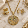 Oro Laminado Earring and Pendant Adult Set, Gold Filled Style Evil Eye Design, with Multicolor Micro Pave, Polished, Golden Finish, 10.156.0397.1