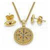 Oro Laminado Earring and Pendant Adult Set, Gold Filled Style Evil Eye Design, with Multicolor Micro Pave, Polished, Golden Finish, 10.156.0397.1