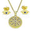 Oro Laminado Earring and Pendant Adult Set, Gold Filled Style Evil Eye Design, with Sapphire Blue and White Micro Pave, Polished, Golden Finish, 10.156.0397.2