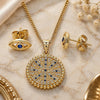 Oro Laminado Earring and Pendant Adult Set, Gold Filled Style Evil Eye Design, with Sapphire Blue and White Micro Pave, Polished, Golden Finish, 10.156.0397.2