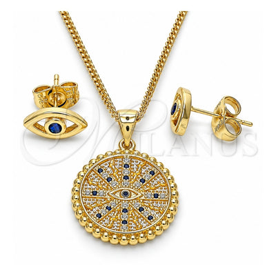 Oro Laminado Earring and Pendant Adult Set, Gold Filled Style Evil Eye Design, with Sapphire Blue and White Micro Pave, Polished, Golden Finish, 10.156.0397.2