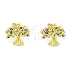 Oro Laminado Stud Earring, Gold Filled Style Tree Design, with Multicolor Micro Pave, Polished, Golden Finish, 02.156.0607