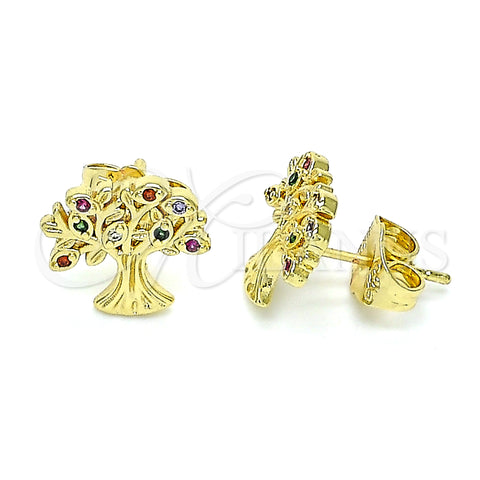 Oro Laminado Stud Earring, Gold Filled Style Tree Design, with Multicolor Micro Pave, Polished, Golden Finish, 02.156.0607