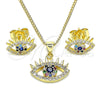 Oro Laminado Earring and Pendant Adult Set, Gold Filled Style Evil Eye Design, with Sapphire Blue Cubic Zirconia and Multicolor Micro Pave, Polished, Golden Finish, 10.156.0400