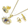 Oro Laminado Earring and Pendant Adult Set, Gold Filled Style Evil Eye Design, with Sapphire Blue Cubic Zirconia and Multicolor Micro Pave, Polished, Golden Finish, 10.156.0400