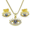 Oro Laminado Earring and Pendant Adult Set, Gold Filled Style Evil Eye Design, with Sapphire Blue Cubic Zirconia and Multicolor Micro Pave, Polished, Golden Finish, 10.156.0400