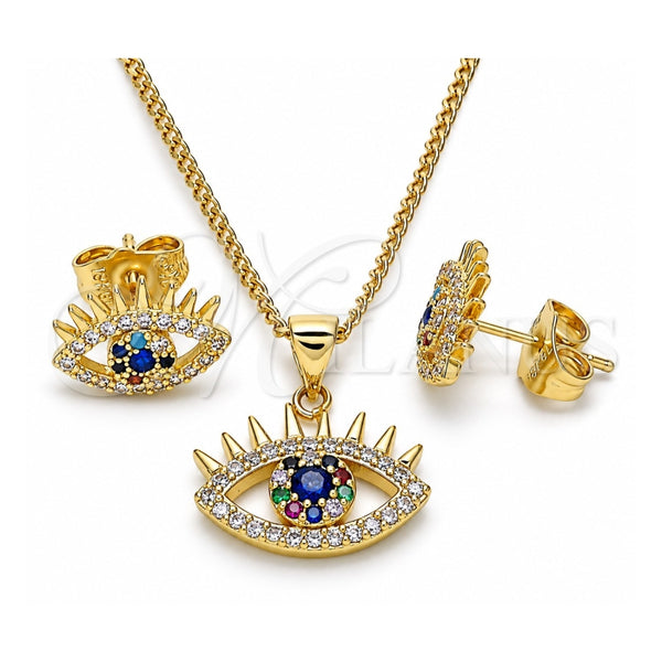 Oro Laminado Earring and Pendant Adult Set, Gold Filled Style Evil Eye Design, with Sapphire Blue Cubic Zirconia and Multicolor Micro Pave, Polished, Golden Finish, 10.156.0400
