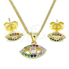 Oro Laminado Earring and Pendant Adult Set, Gold Filled Style Evil Eye Design, with White Cubic Zirconia and Multicolor Micro Pave, Polished, Golden Finish, 10.156.0401