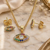 Oro Laminado Earring and Pendant Adult Set, Gold Filled Style Evil Eye Design, with White Cubic Zirconia and Multicolor Micro Pave, Polished, Golden Finish, 10.156.0401