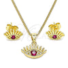 Oro Laminado Earring and Pendant Adult Set, Gold Filled Style Evil Eye Design, with Ruby Cubic Zirconia, Polished, Golden Finish, 10.156.0402