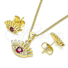 Oro Laminado Earring and Pendant Adult Set, Gold Filled Style Evil Eye Design, with Ruby Cubic Zirconia, Polished, Golden Finish, 10.156.0402