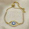 Oro Laminado Adjustable Bolo Bracelet, Gold Filled Style Evil Eye Design, with White Micro Pave and White Cubic Zirconia, Light Blue Enamel Finish, Golden Finish, 03.381.0032.11