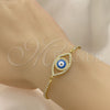 Oro Laminado Adjustable Bolo Bracelet, Gold Filled Style Evil Eye Design, with White Micro Pave and White Cubic Zirconia, Azul claro Enamel Finish, Golden Finish, 03.381.0032.11 (01 MM Thickness, 11 Inches Length)