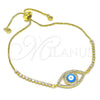 Oro Laminado Adjustable Bolo Bracelet, Gold Filled Style Evil Eye Design, with White Micro Pave and White Cubic Zirconia, Azul claro Enamel Finish, Golden Finish, 03.381.0032.11 (01 MM Thickness, 11 Inches Length)