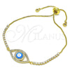Oro Laminado Adjustable Bolo Bracelet, Gold Filled Style Evil Eye Design, with White Micro Pave and White Cubic Zirconia, Azul claro Enamel Finish, Golden Finish, 03.381.0032.11 (01 MM Thickness, 11 Inches Length)