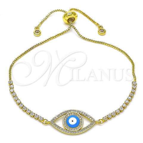 Oro Laminado Adjustable Bolo Bracelet, Gold Filled Style Evil Eye Design, with White Micro Pave and White Cubic Zirconia, Azul claro Enamel Finish, Golden Finish, 03.381.0032.11 (01 MM Thickness, 11 Inches Length)