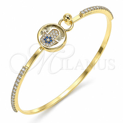 Oro Laminado Individual Bangle, Gold Filled Style Judaica and Hand of God Design, with Sapphire Blue and White Micro Pave, Polished, Golden Finish, 07.193.0030.04 (02 MM Thickness, Size 4 (2.25 Diameter))