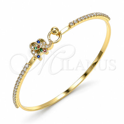 Oro Laminado Individual Bangle, Gold Filled Style Elephant Design, with Multicolor Micro Pave and White Crystal, Polished, Golden Finish, 07.193.0033.1.04 (02 MM Thickness, Size 4 (2.25 Diameter))