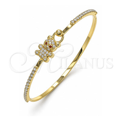 Oro Laminado Individual Bangle, Gold Filled Style Teddy Bear Design, with White and Garnet Micro Pave, Polished, Golden Finish, 07.193.0036.04 (02 MM Thickness, Size 4 (2.25 Diameter))