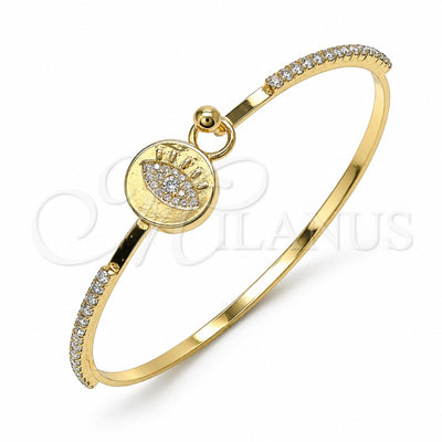 Oro Laminado Individual Bangle, Gold Filled Style Evil Eye Design, with White Micro Pave and White Crystal, Polished, Golden Finish, 07.193.0038.04 (02 MM Thickness, Size 4 (2.25 Diameter))