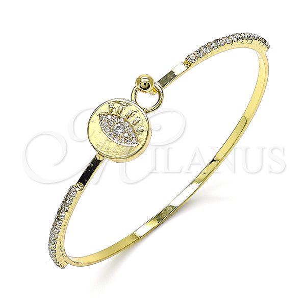 Oro Laminado Individual Bangle, Gold Filled Style Evil Eye Design, with White Micro Pave and White Crystal, Polished, Golden Finish, 07.193.0038.04 (02 MM Thickness, Size 4 (2.25 Diameter))
