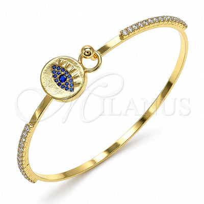 Oro Laminado Individual Bangle, Gold Filled Style Evil Eye Design, with Sapphire Blue Micro Pave and White Crystal, Polished, Golden Finish, 07.193.0038.1.04 (02 MM Thickness, Size 4 (2.25 Diameter))