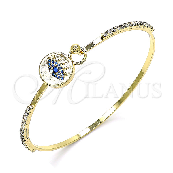 Oro Laminado Individual Bangle, Gold Filled Style Evil Eye Design, with Sapphire Blue Micro Pave and White Crystal, Polished, Golden Finish, 07.193.0038.1.04 (02 MM Thickness, Size 4 (2.25 Diameter))