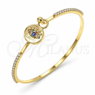 Oro Laminado Individual Bangle, Gold Filled Style Evil Eye Design, with Multicolor Micro Pave and White Crystal, Polished, Golden Finish, 07.193.0038.2.04 (02 MM Thickness, Size 4 (2.25 Diameter))