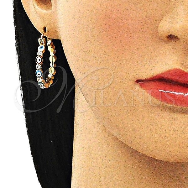 Gold Filled Hoop Earrings — Small Hoop Evil Eye Design with White Crystal — alternate product view — SKU 145475 | Oro Laminado aretes de aro — Small Hoop Evil Eye diseño with cristal blanco — SKU 145475