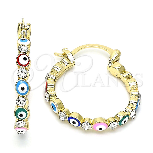Gold Filled Hoop Earrings — Small Hoop Evil Eye Design with White Crystal — main product view — SKU 145475 | Oro Laminado aretes de aro — Small Hoop Evil Eye diseño with cristal blanco — SKU 145475